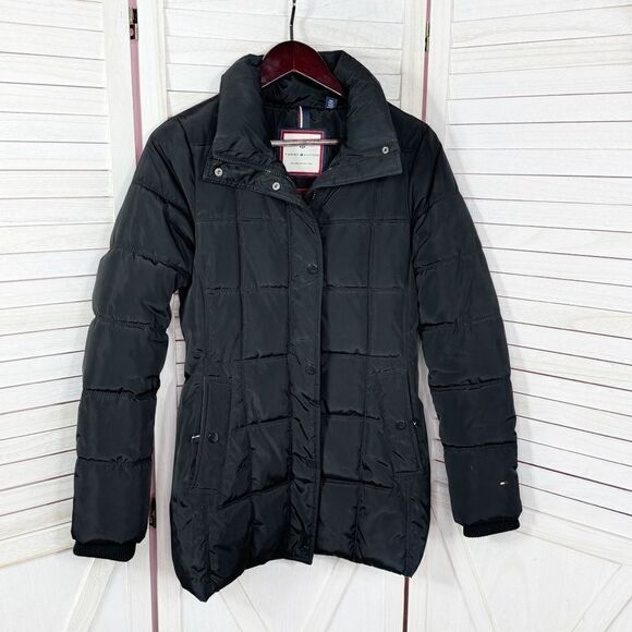 Tommy Hilfiger Quilted Puffer Coat Black XS Long Line Winter Snow - Picture 8 of 14